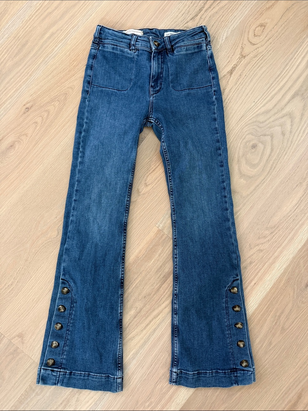 Pilcro Anthropologie High Rise Bootcut Jeans Button Hem Medium Wash 26